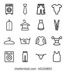 Clothes icons set. set of 16 clothes outline icons such as baby onesie, hanger, clothes on hanger, laundry, female underwear, singlet, blouse, pants, woman pants, dress