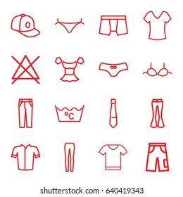 Clothes icons set. set of 16 clothes outline icons such as panties with heart, shirt, laundry, no bleaching, man underwear, female underwear, bra, jacket, blouse, pants