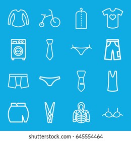Clothes icons set. set of 16 clothes outline icons such as child bicycle, panties with heart, clothes on hanger, man underwear, female underwear, bra, singlet, blouse, pants