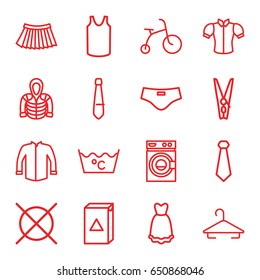 Clothes icons set. set of 16 clothes outline icons such as child bicycle, hanger, washing machine, laundry, no dry cleaning, singlet, jacket, blouse, skirt, hoodie, dress