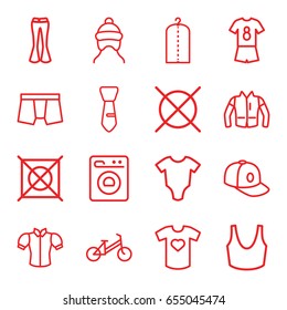 Clothes icons set. set of 16 clothes outline icons such as baby onesie, child bicycle, baby cap, clothes on hanger, no dry cleaning, man underwear, sport bra, blouse