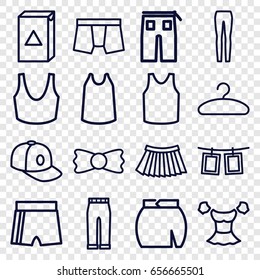 Clothes icons set. set of 16 clothes outline icons such as washing machine, man underwear, sport bra, singlet, blouse, pants, woman pants, skirt, baseball cap, bow tie, hanger