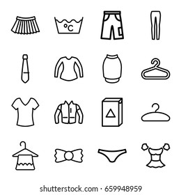 Clothes icons set. set of 16 clothes outline icons such as hanger, shirt, washing machine, laundry, female underwear, blouse, pants, woman pants, skirt, jacket, bow tie