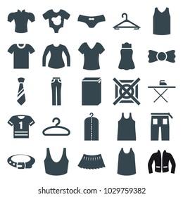 Clothes icons. set of 25 editable filled clothes icons such as hanger, shirt, belt, washing machine, clothes on hanger, female underwear, sport bra, singlet, blouse, pants