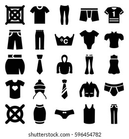 clothes icons set. Set of 25 clothes filled icons such as baby onesie, baby cap, laundry, no dry cleaning, man underwear, female underwear, singlet, blouse, pants, woman pants