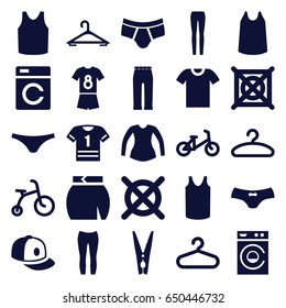 Clothes icons set. set of 25 clothes filled icons such as washing machine, child bicycle, hanger, no dry cleaning, man underwear, female underwear, singlet, blouse