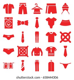 Clothes icons set. set of 25 clothes filled icons such as baby onesie, baby cap, hanger, washing machine, clothes on hanger, no dry cleaning, female underwear, jacket, pants