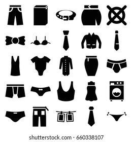 Clothes icons set. set of 25 clothes filled icons such as baby onesie, panties with heart, belt, washing machine, no dry cleaning, man underwear, female underwear, sport bra