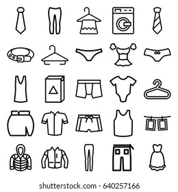 Clothes icons set. set of 25 clothes outline icons such as washing machine, baby onesie, hanger, belt, man underwear, female underwear, singlet, jacket, blouse, pants