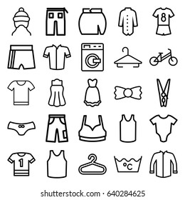 Clothes icons set. set of 25 clothes outline icons such as washing machine, baby onesie, child bicycle, baby cap, hanger, laundry, female underwear, sport bra, singlet, jacket