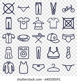 Clothes icons set. set of 25 clothes outline icons such as child bicycle, panties with heart, hanger, belt, ironing table, no dry cleaning, man underwear, female underwear
