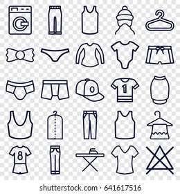 Clothes icons set. set of 25 clothes outline icons such as washing machine, baby onesie, baby cap, hanger, shirt, ironing table, clothes on hanger, no bleaching, man underwear