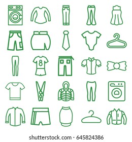 Clothes icons set. set of 25 clothes outline icons such as baby onesie, hanger, washing machine, jacket, blouse, pants, woman pants, skirt, hoodie, bow tie, cloth pin, t-shirt