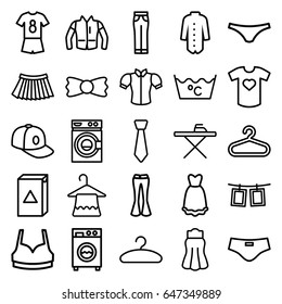 Clothes icons set. set of 25 clothes outline icons such as hanger, ironing table, washing machine, laundry, female underwear, sport bra, blouse, woman pants, skirt