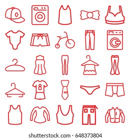 Clothes icons set. set of 25 clothes outline icons such as washing machine, baby onesie, child bicycle, hanger, man underwear, female underwear, sport bra, singlet, blouse