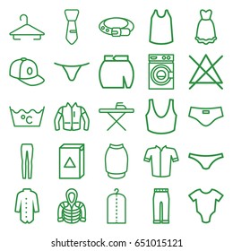 Clothes icons set. set of 25 clothes outline icons such as baby onesie, hanger, belt, ironing table, washing machine, clothes on hanger, laundry, no bleaching