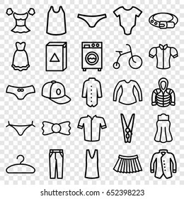 Clothes icons set. set of 25 clothes outline icons such as baby onesie, child bicycle, panties with heart, belt, washing machine, female underwear, singlet, jacket, blouse