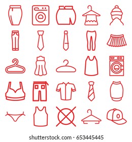 Clothes icons set. set of 25 clothes outline icons such as baby cap, hanger, panties with heart, washing machine, no dry cleaning, sport bra, singlet, jacket, pants