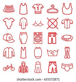 Clothes icons set. set of 25 clothes outline icons such as baby onesie, child bicycle, hanger, belt, washing machine, laundry, no dry cleaning, man underwear, sport bra, bra