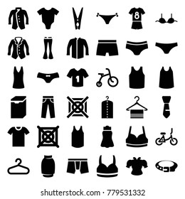 Clothes icons. set of 36 editable filled clothes icons such as baby onesie, child bicycle, hanger, belt, no dry cleaning, man underwear, female underwear, sport bra, bra