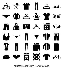 Clothes icons set. set of 36 clothes filled icons such as washing machine, child bicycle, hanger, panties with heart, shirt, belt, ironing table, no dry cleaning