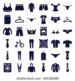 Clothes icons set. set of 36 clothes filled icons such as child bicycle, panties with heart, hanger, washing machine, clothes on hanger, laundry, no dry cleaning