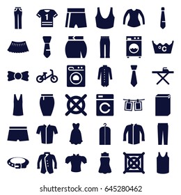 Clothes icons set. set of 36 clothes filled icons such as washing machine, child bicycle, belt, ironing table, clothes on hanger, laundry, no dry cleaning, sport bra, singlet