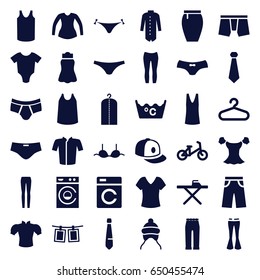 Clothes icons set. set of 36 clothes filled icons such as washing machine, baby onesie, child bicycle, baby cap, hanger, panties with heart, shirt, ironing table