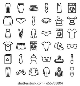 Clothes icons set. set of 36 clothes outline icons such as washing machine, baby onesie, child bicycle, baby cap, hanger, shirt, belt, laundry, female underwear, singlet