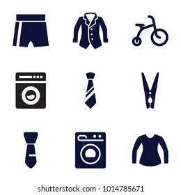 Clothes icons. set of 9 editable filled clothes icons such as child bicycle, tie, sport shorts, cloth pin, washing machine, blouse