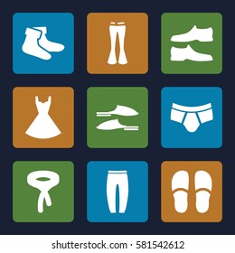 Clothes icons set. Set of 9 Clothes filled icons such as socks, slippers, man shoe, man underwear, underpants, tie, woman pants