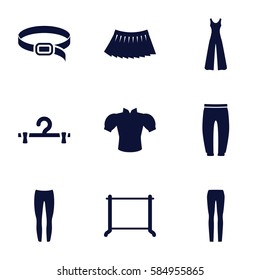 Clothes icons set. Set of 9 Clothes filled icons such as hanger, underpants, blouse, woman pants, jumpsuit, skirt