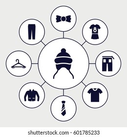 clothes icons set. Set of 9 clothes filled icons such as baby cap, hanger, pants, jacket, bow tie, tie, football uniform