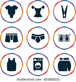 clothes icons set. Set of 9 clothes filled icons such as baby onesie, man underwear, singlet, blouse, skirt, cloth pin, photos on rope