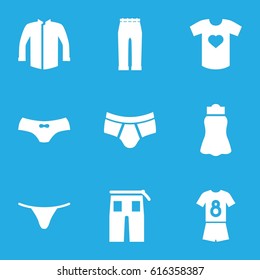 Clothes icons set. set of 9 clothes filled icons such as man underwear, female underwear, jacket, pants, woman pants, skirt, t-shirt with heart