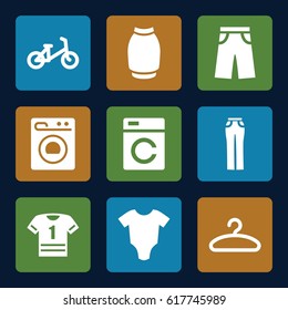 Clothes icons set. set of 9 clothes filled icons such as washing machine, baby onesie, child bicycle, pants, woman pants, skirt, hanger