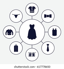 Clothes icons set. set of 9 clothes filled icons such as clothes on hanger, female underwear, singlet, jacket, bow tie, dress, photos on rope, tie