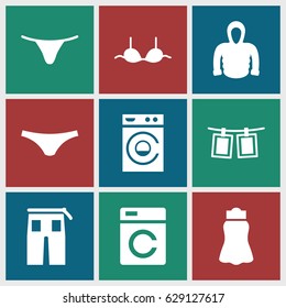 Clothes icons set. set of 9 clothes filled icons such as washing machine, female underwear, bra, pants, skirt, hoodie