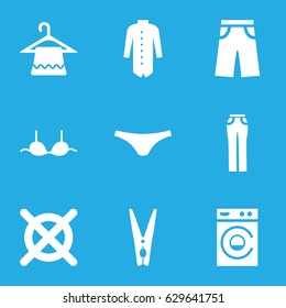 Clothes icons set. set of 9 clothes filled icons such as hanger, washing machine, no dry cleaning, female underwear, bra, pants, woman pants, jacket