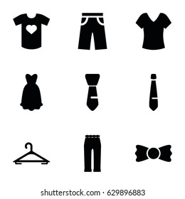 Clothes icons set. set of 9 clothes filled icons such as hanger, shirt, pants, woman pants, tie, bow tie, t-shirt with heart