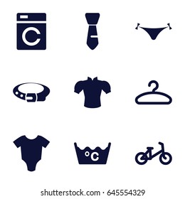 Clothes icons set. set of 9 clothes filled icons such as washing machine, baby onesie, child bicycle, panties with heart, belt, laundry, blouse, tie