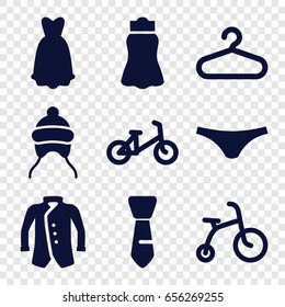 Clothes icons set. set of 9 clothes filled icons such as child bicycle, baby cap, hanger, female underwear, skirt, jacket, tie