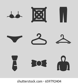 Clothes icons set. set of 9 clothes filled icons such as hanger, no dry cleaning, female underwear, bra, pants, hoodie, tie