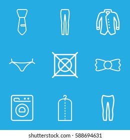 clothes icons set. Set of 9 clothes outline icons such as panties with heart, clothes on hanger, no dry cleaning, woman pants, jacket, tie, bow tie