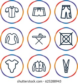 Clothes icons set. set of 9 clothes outline icons such as baby onesie, ironing table, no dry cleaning, blouse, pants, jacket, cloth pin