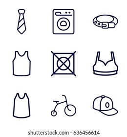 Clothes icons set. set of 9 clothes outline icons such as child bicycle, belt, no dry cleaning, sport bra, singlet, baseball cap, tie