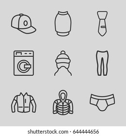 Clothes icons set. set of 9 clothes outline icons such as washing machine, baby cap, man underwear, woman pants, skirt, baseball cap, jacket, hoodie