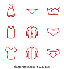 Clothes icons set. set of 9 clothes outline icons such as panties with heart, shirt, laundry, man underwear, singlet, jacket, dress