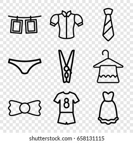Clothes icons set. set of 9 clothes outline icons such as hanger, female underwear, blouse, bow tie, tie, dress, cloth pin, photos on rope