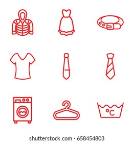 Clothes icons set. set of 9 clothes outline icons such as hanger, shirt, belt, laundry, hoodie, tie, dress
